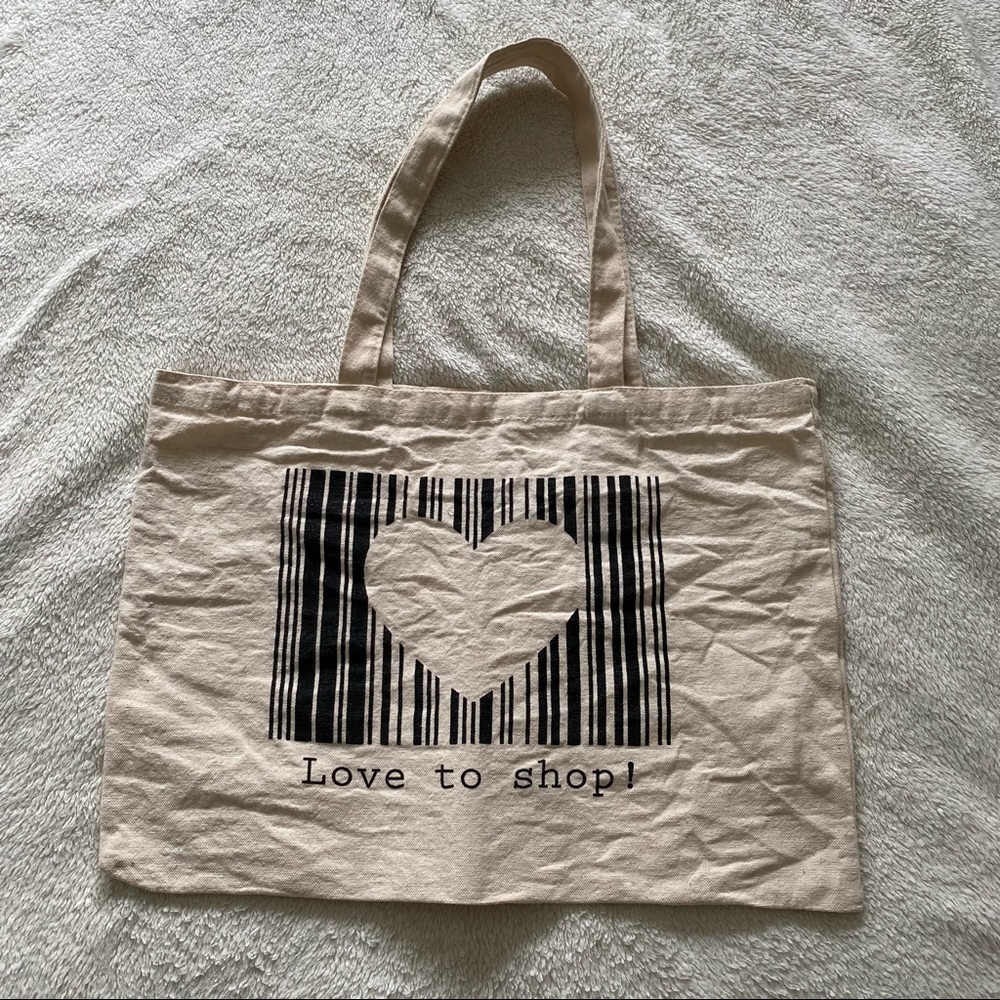 𝅺“love to Shop” canvas shopping tote with heart inside bar code​​​​